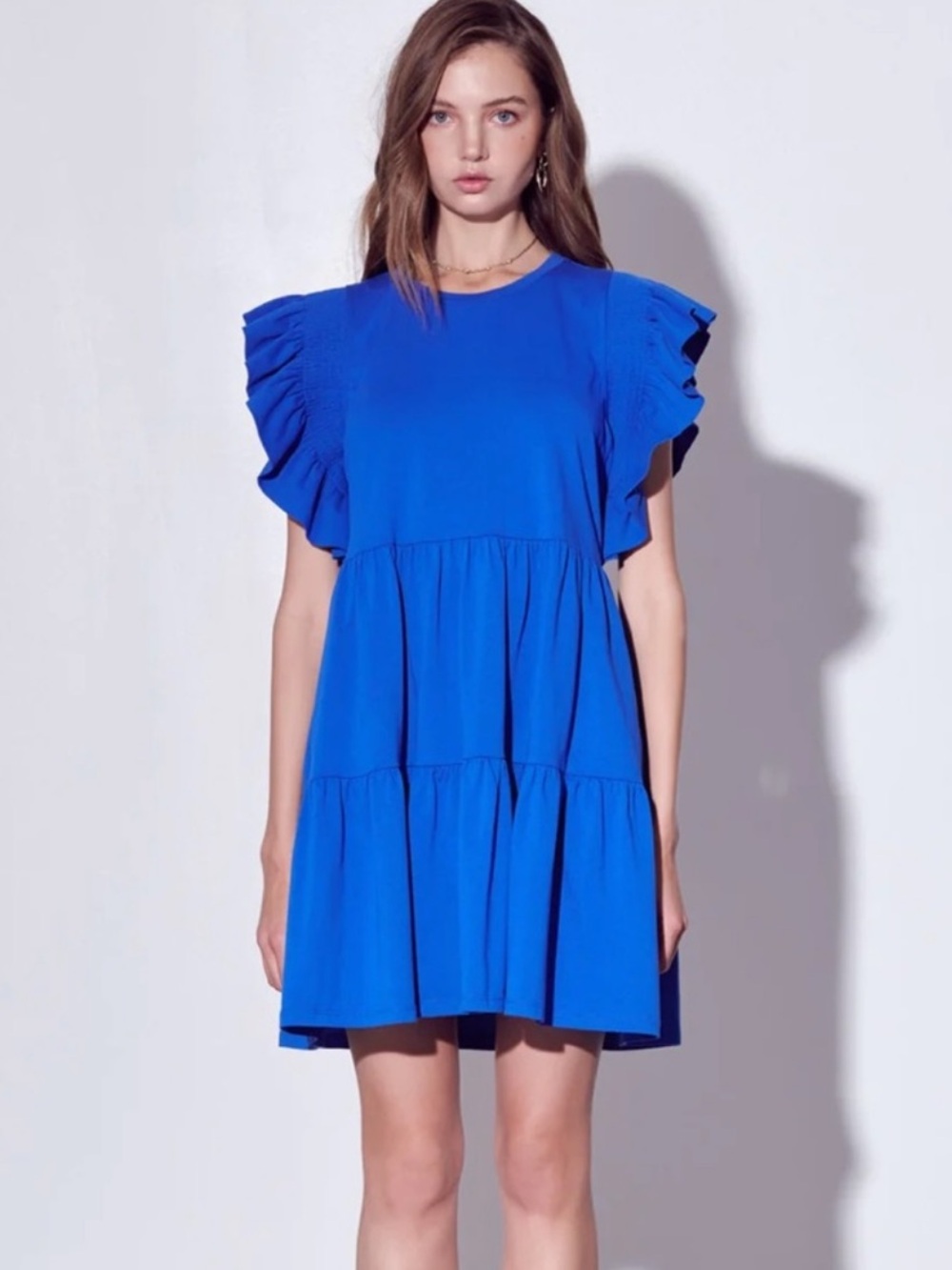 English Factory Cobalt Blue Ruffle Sleeve Tiered Mini Dress